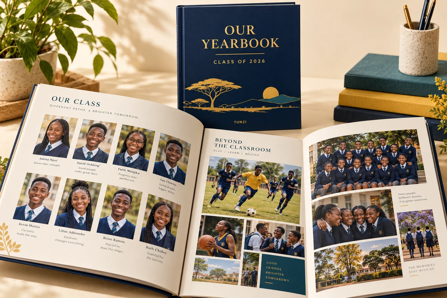 Sample TUNZI school yearbook cover and student pages
